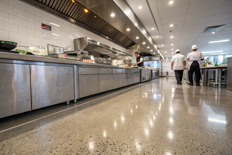 Commercial kitchen concrete floor toppings Toowoomba restaurant showing durable slip-resistant surface with chefs working