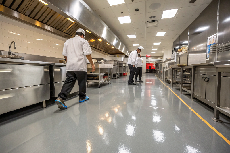 Seamless commercial kitchen epoxy flooring with cove base installation meeting food safety standards in Toowoomba restaurant
