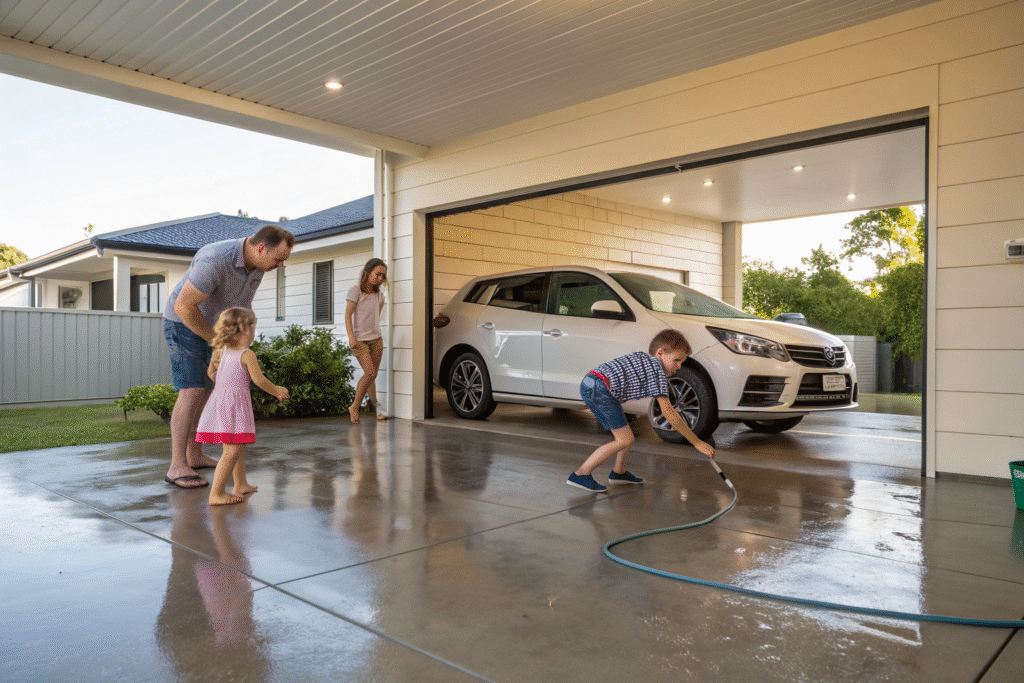 Australian family safely enjoying garage space with professional non-slip floor coating in Toowoomba home
