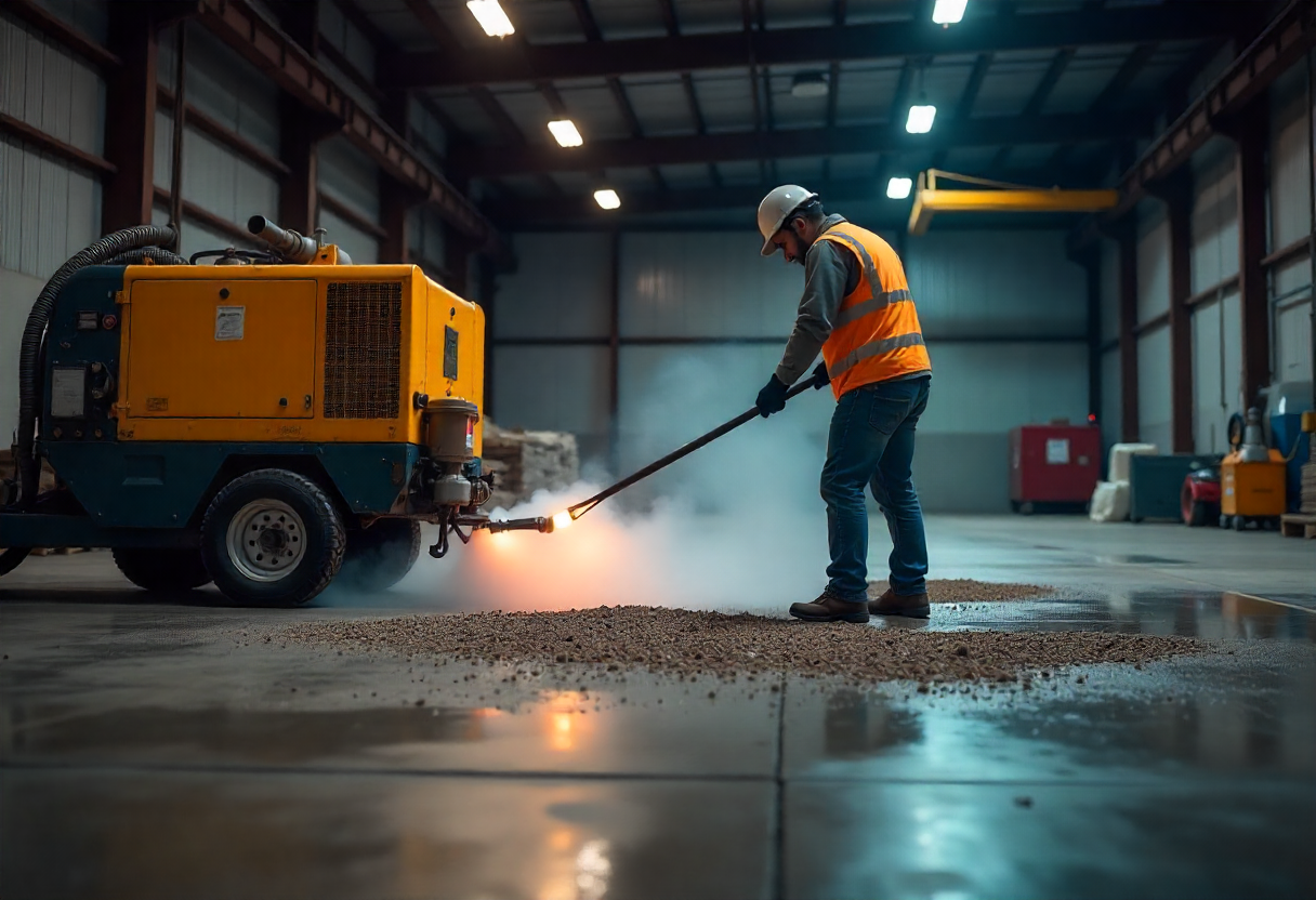 Industrial Steel Shot Blasting on Contaminated Concrete Floor in Toowoomba