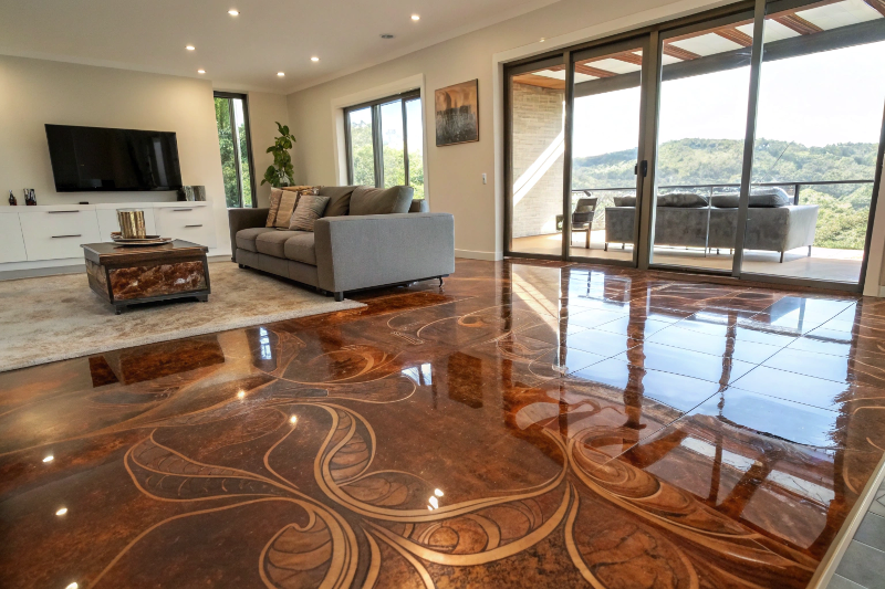 Metallic epoxy flooring in Toowoomba home living room with copper and bronze swirling patterns