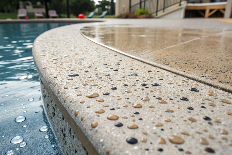 Close-up view of slip-resistant aggregate texture in pool deck epoxy coating showing water droplets and safety grip