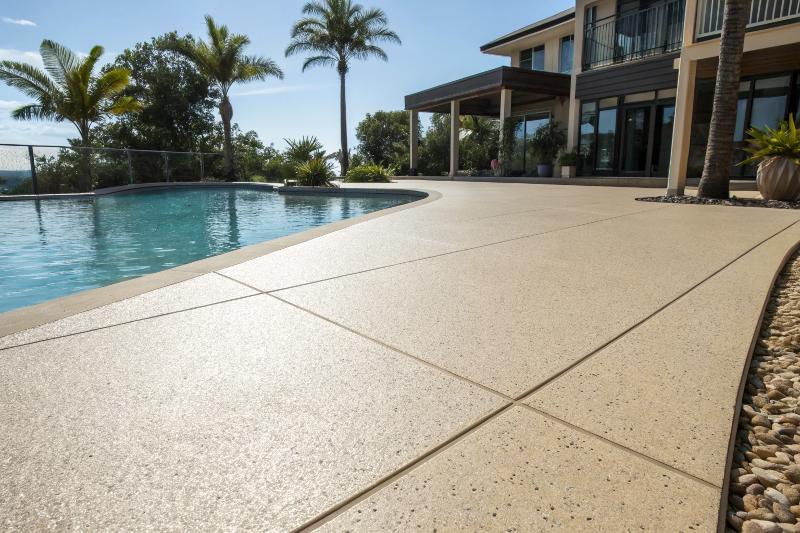 Premium pool deck epoxy applications on Sunshine Coast home showing slip-resistant textured surface around swimming pool