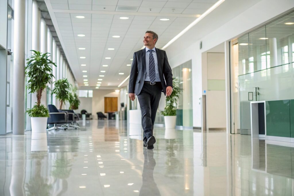 Professional office corridor with low-maintenance epoxy flooring solution