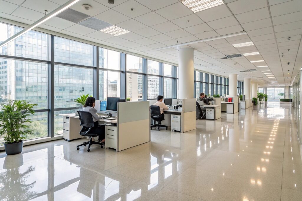 Office workspace featuring durable epoxy flooring for commercial buildings