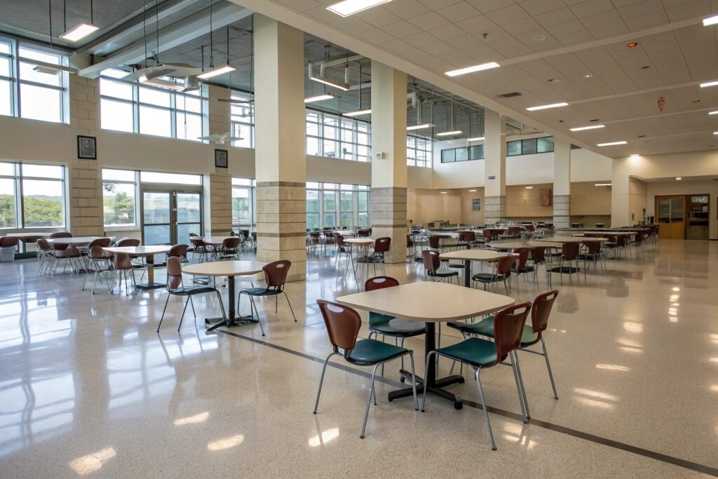 Educational facility cafeteria featuring an easy-to-clean epoxy flooring system