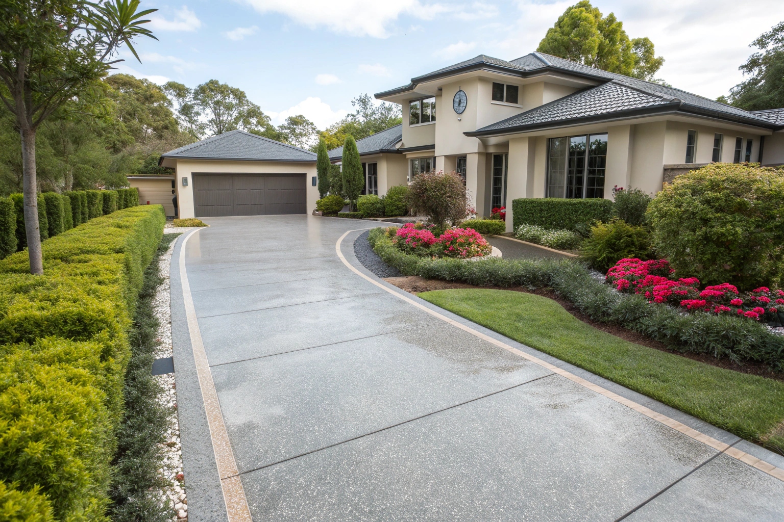 Professional driveway coating service result showing glossy epoxy-coated residential driveway in Toowoomba