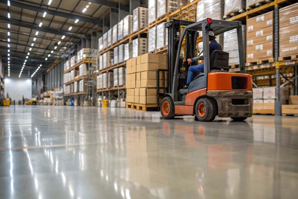 Forklift operating on durable warehouse epoxy flooring designed for heavy industrial equipment