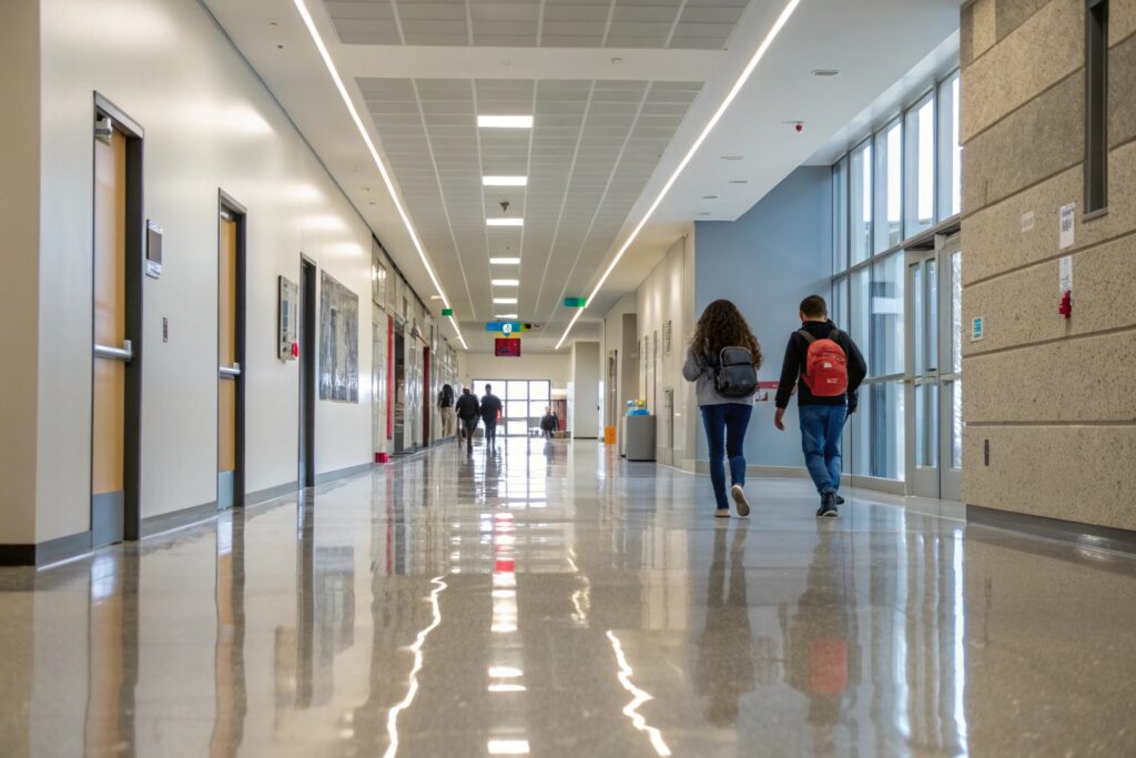 Bright educational facility corridor with professional epoxy flooring in Toowoomba