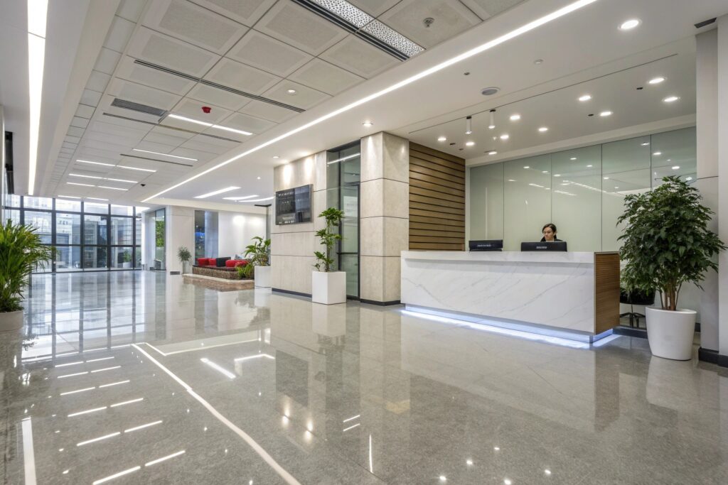 Modern office lobby with professional epoxy flooring in the Toowoomba building