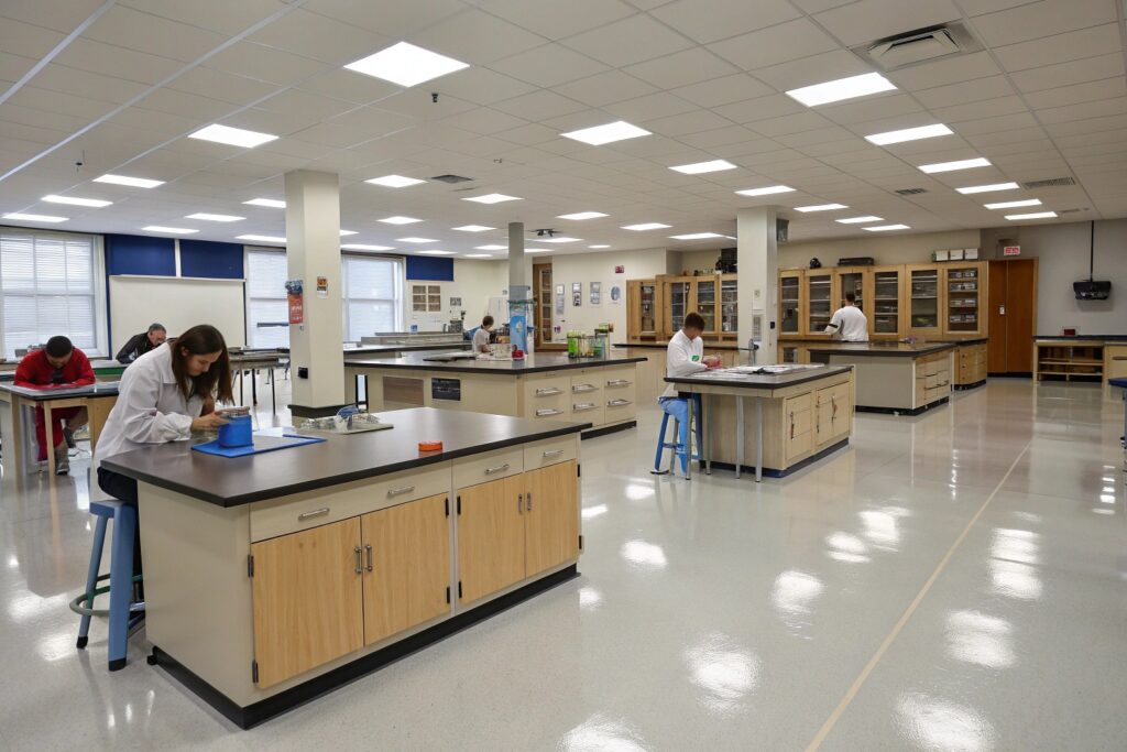 Science laboratory with chemical-resistant epoxy flooring for educational institutions